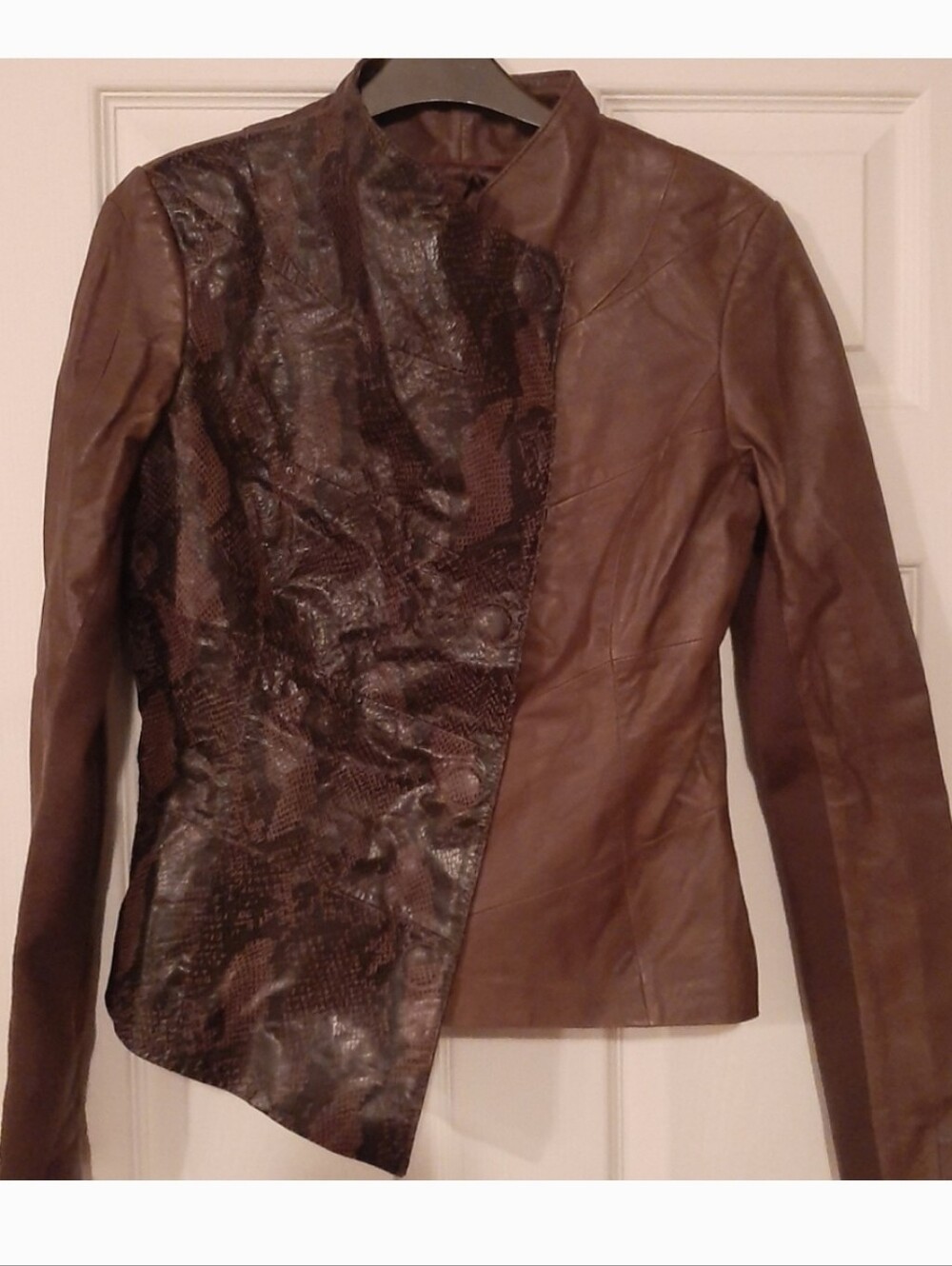 DANIER - Brown Asymmetrical Leather Jacket With Snake Pattern - XS